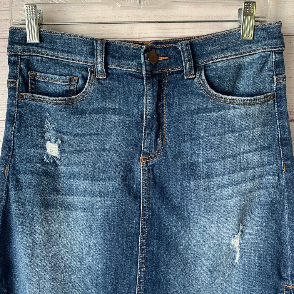 Harper Denim Blue Jean Skirt High Low Distressed Frayed Hem Size Medium - Picture 2 of 13